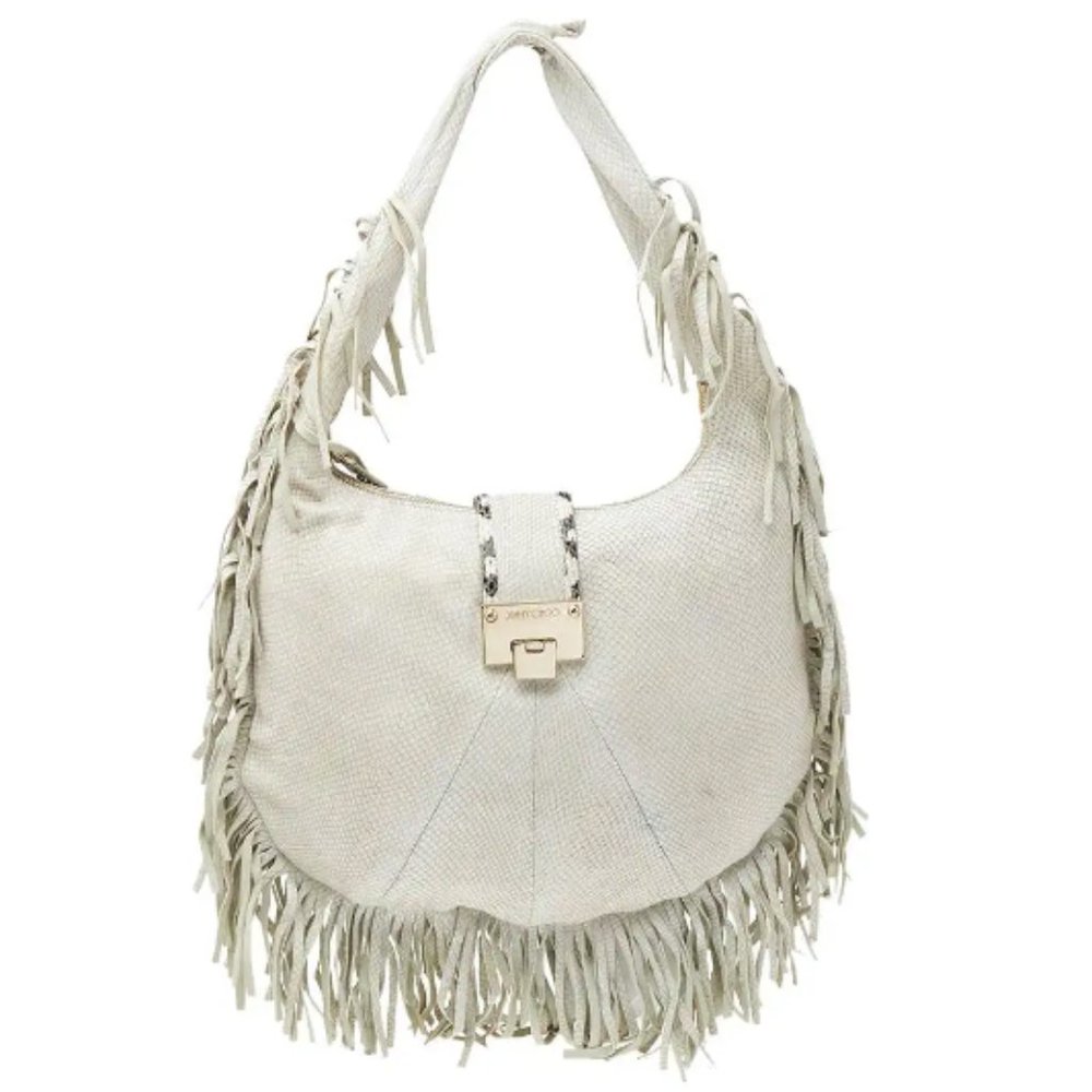 Jimmy Choo White Snakeskin Embossed Leather Hobo